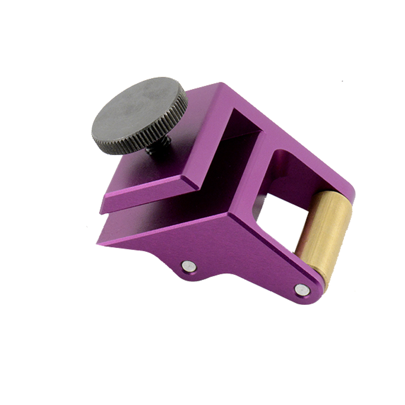 A purple and gold 30 degree mini honing guide with a black adjustment screw and a wooden handle.