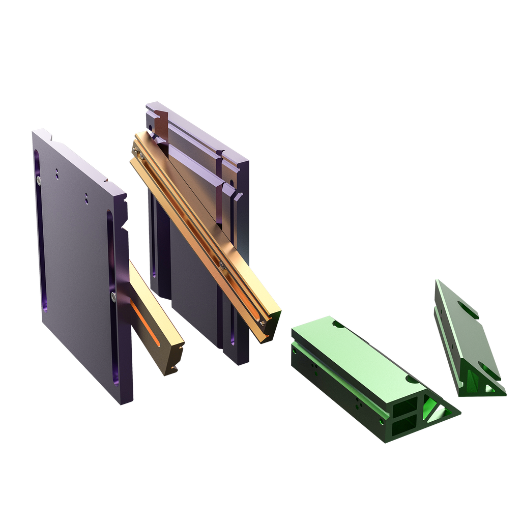 An image showing the DJ-3-J Jaw Kit components which are parts of a drilling jig accessory. The kit includes various metallic parts with moving components and adjustments, predominantly in silver and gold colors.