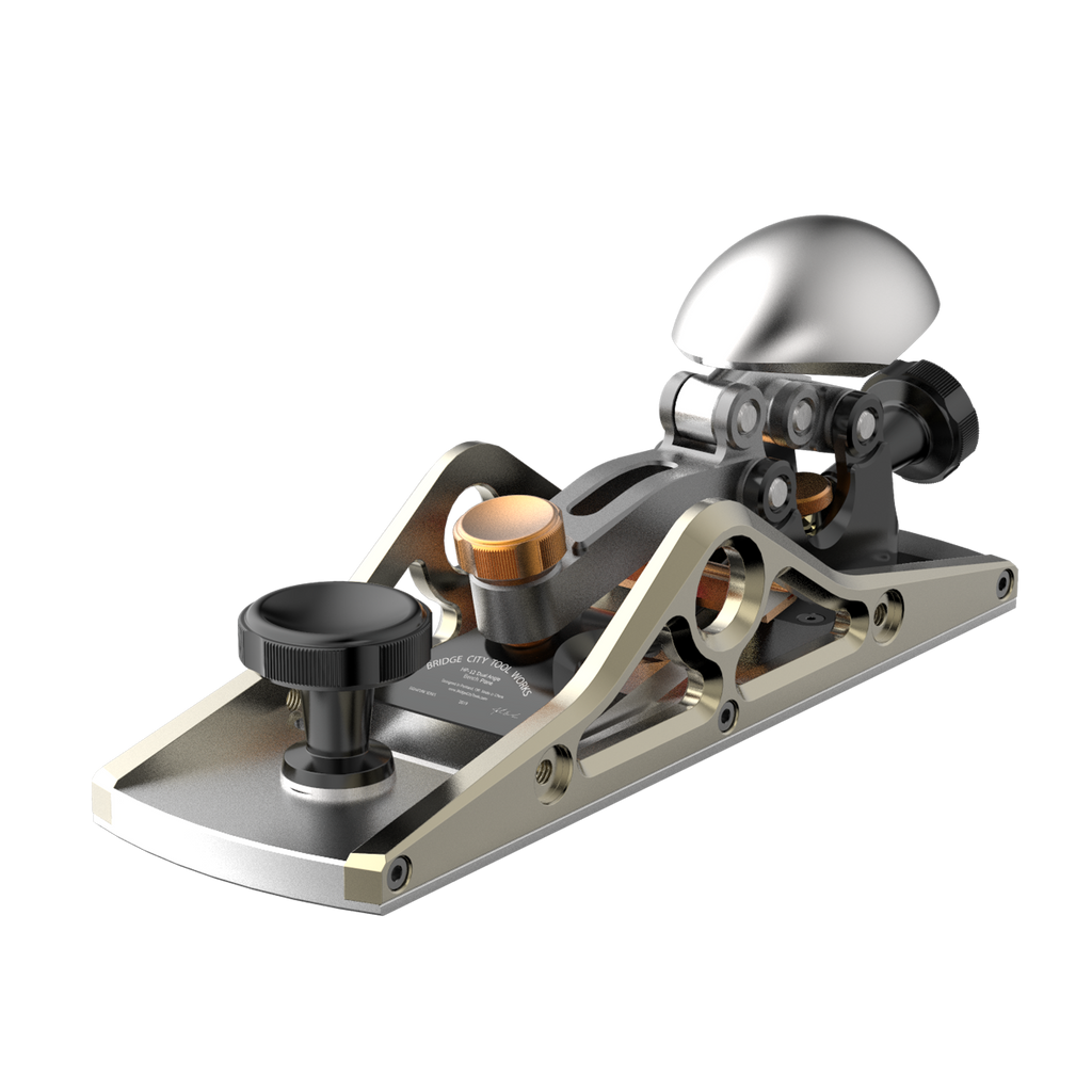 HP-9v2 Dual Angle Block Plane with silver stainless steel sole, brass and black adjustments, and an A2 tool blade.