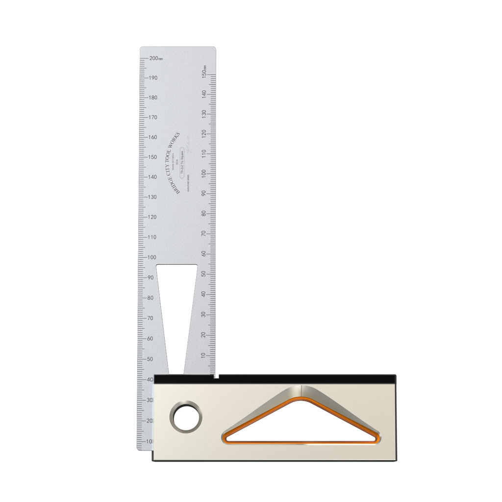A set of try squares with stainless steel blades and anodized aluminum handles, displayed on a white background.