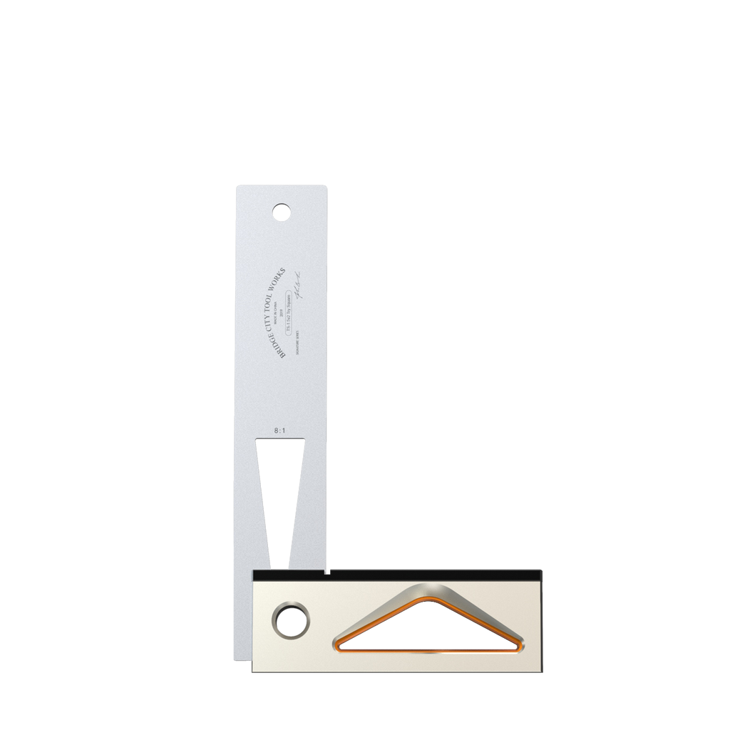 A set of try squares with stainless steel blades and anodized aluminum handles, displayed on a white background.
