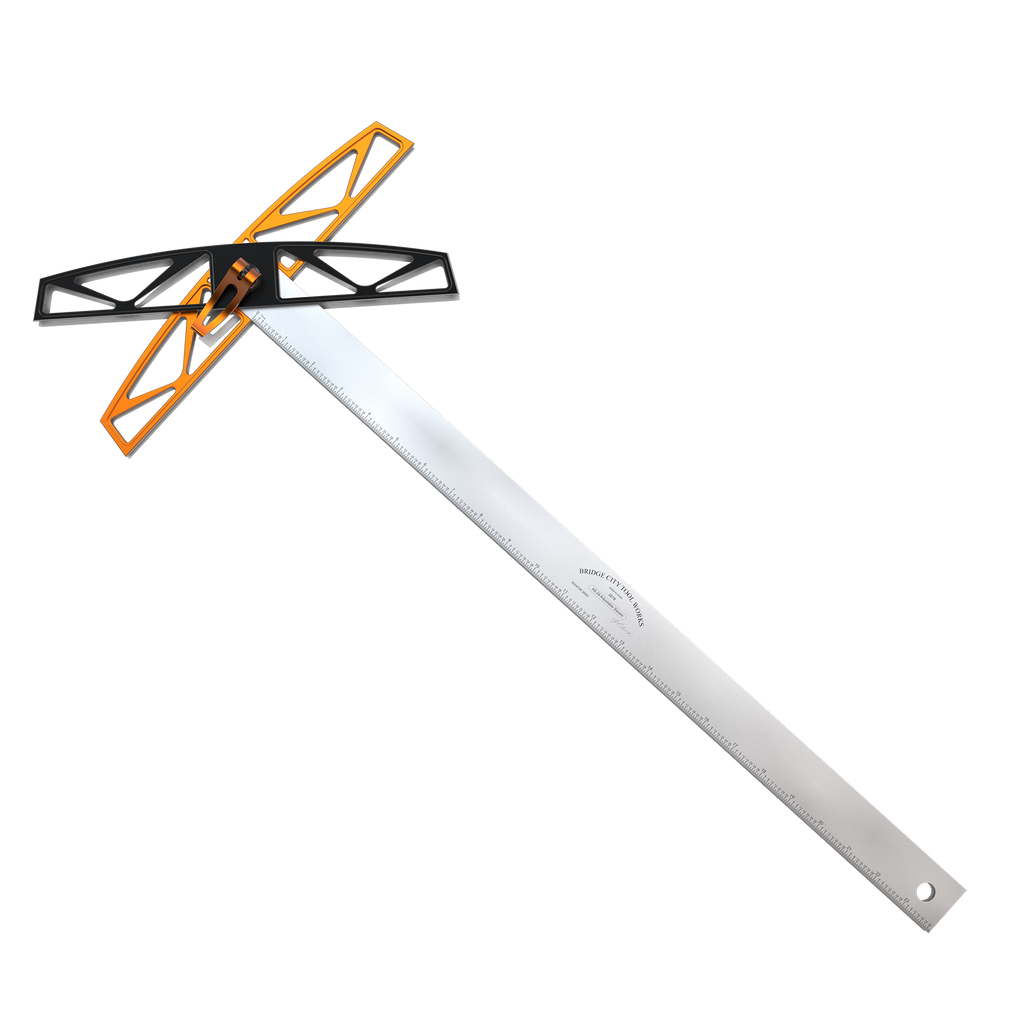 An adjustable square tool with dual heads and a stainless steel ruler, primarily silver in color with black and orange accents.