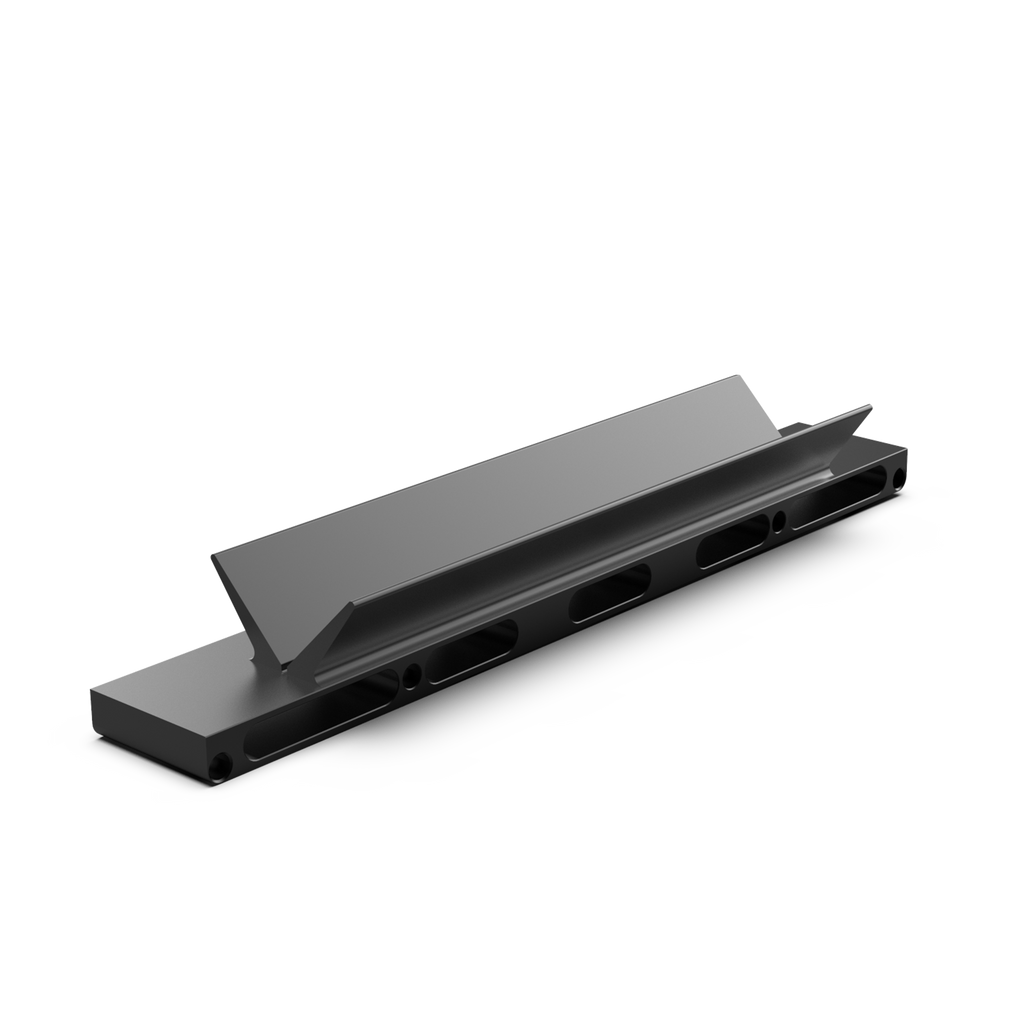 A black anodized aluminum bias arm designed for use with a precision fence system in woodworking.