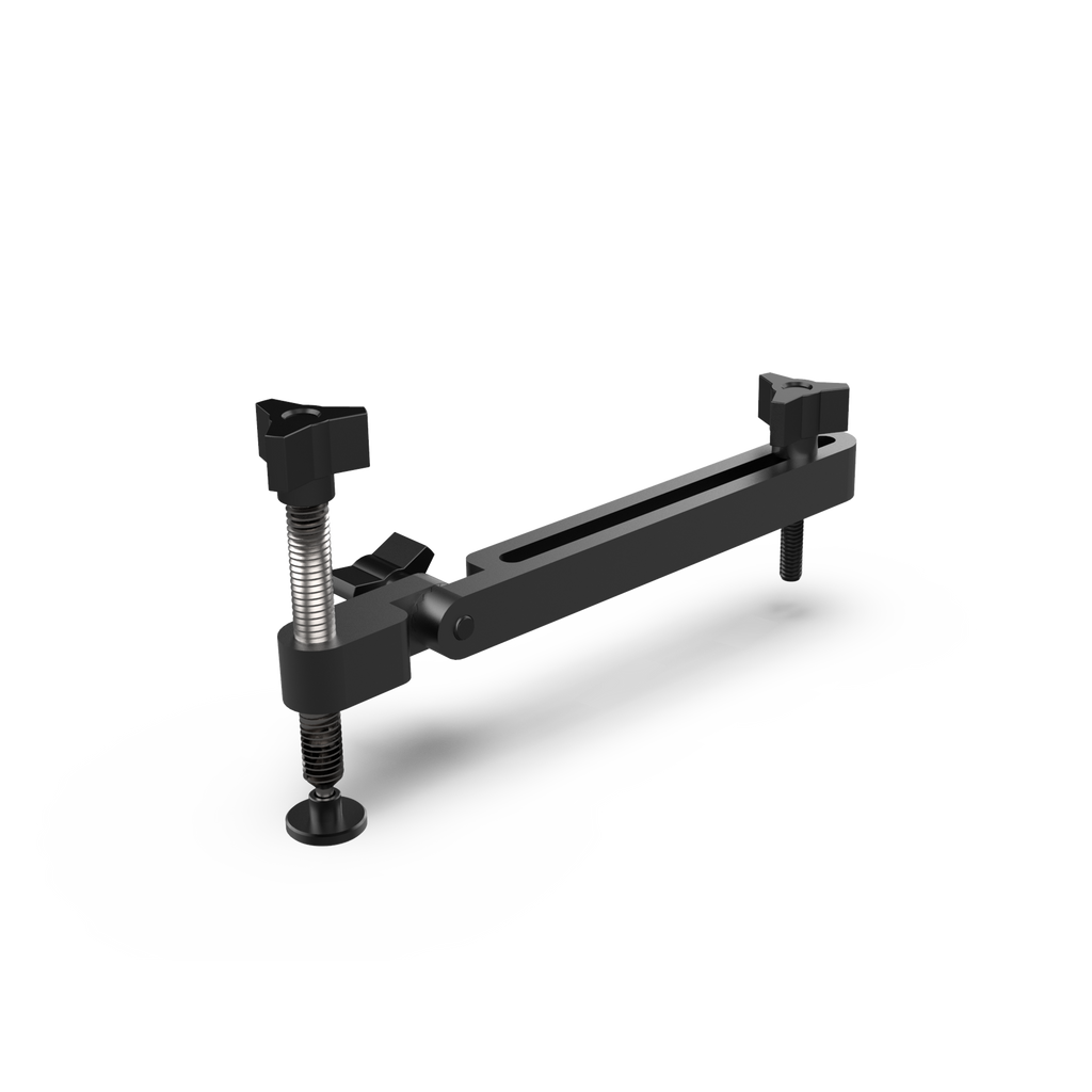 A black anodized aluminum elbow clamp for a precision fence, with adjustable parts and a pivot mechanism.