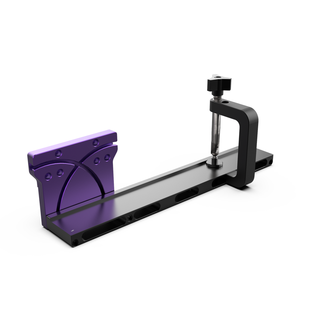 A digital rendering of a tenon miter jig, predominantly gray and purple in color, designed for use with a precision fence on a table saw.
